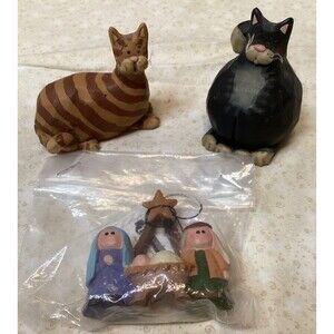 Blossom Bucket Suzi Cat Kitten & Miniature Nativity Figures Vintage Country